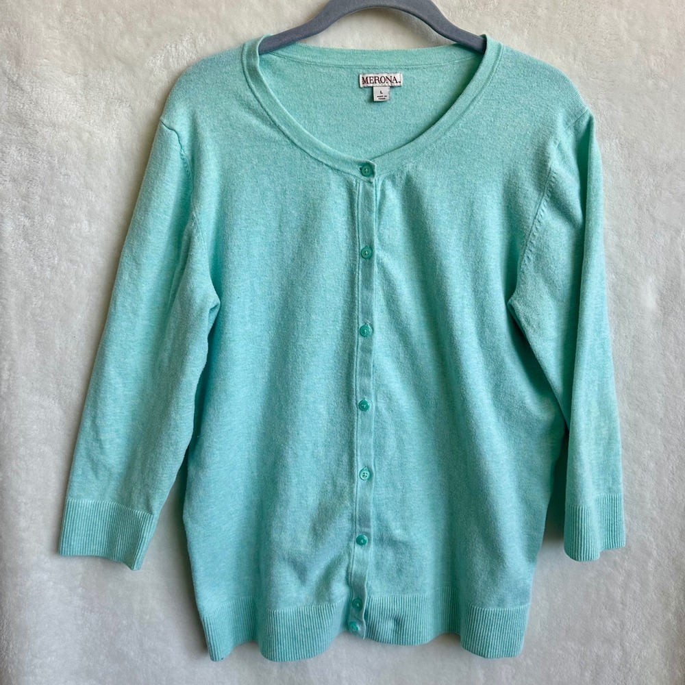 Merona Mint Green 3/4 Sleeve Button Up Lightweight Cardigan Sweater Size Large